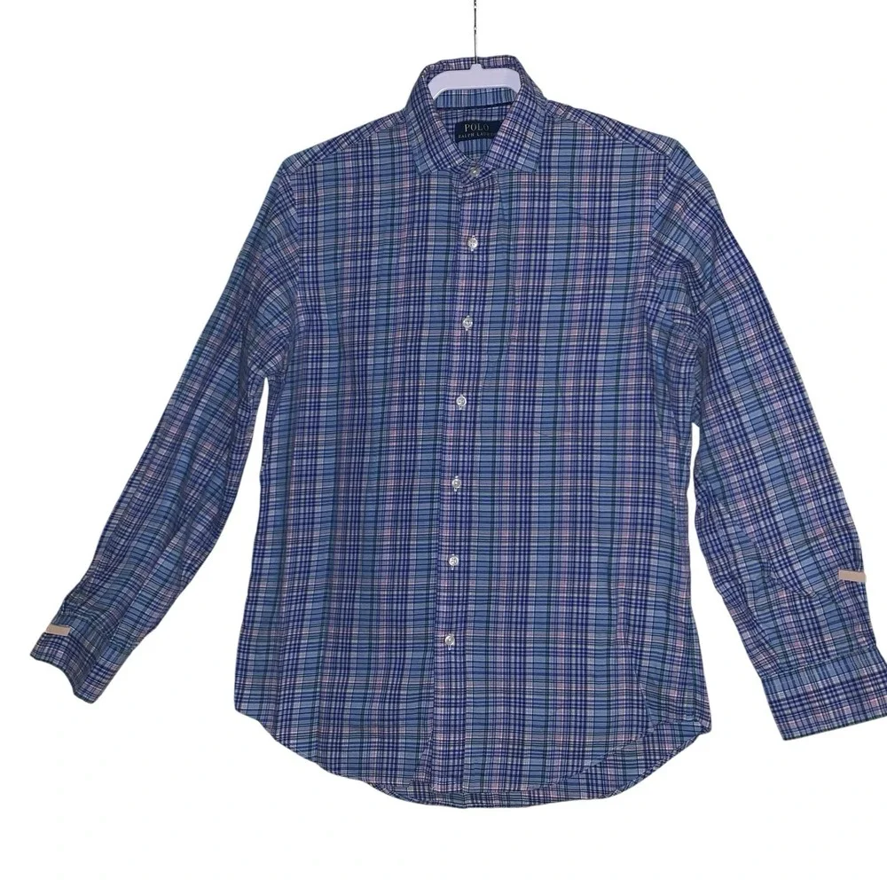 Polo Ralph Lauren Mens Blue Plaid Button Up Shirt Sz S Long Sleeve Cotton EUC - Picture 1 of 7